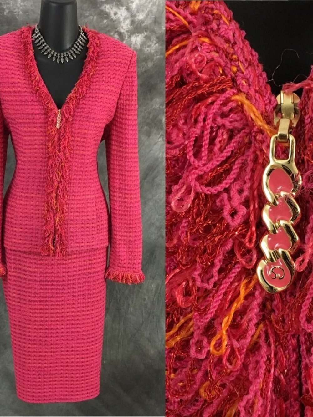 BEAUTIFUL St John collection knit pink fringe jacket skirt suit size 6 8